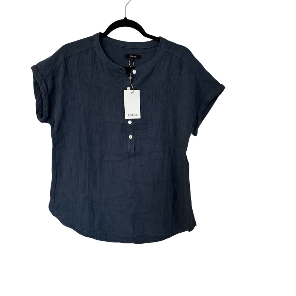 Quince Women’s 100% Organic Cotton Gauze Roll Sleeve Shirt Indigo Blue Sz S NWT